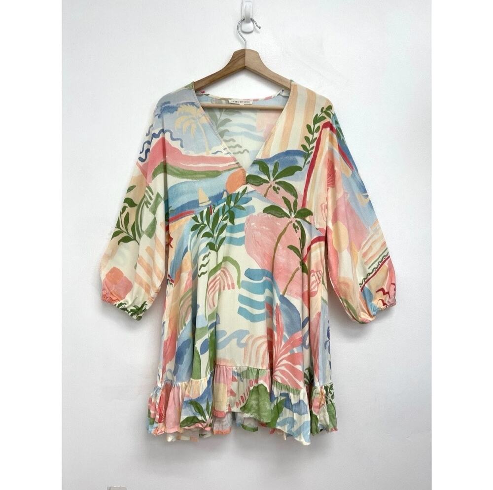 Label of Love Pastel Print V-Neck Ruffle Mini Cover Up Dress Tropical Resort - L